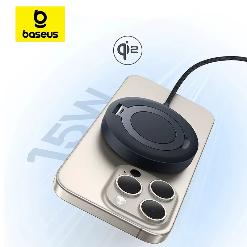 15W Magnetic Wireless Charger Qi2 Certified Fast Charging Built-In Stand Phone Charger for Iphone 16 15 14 13 Pro Max
