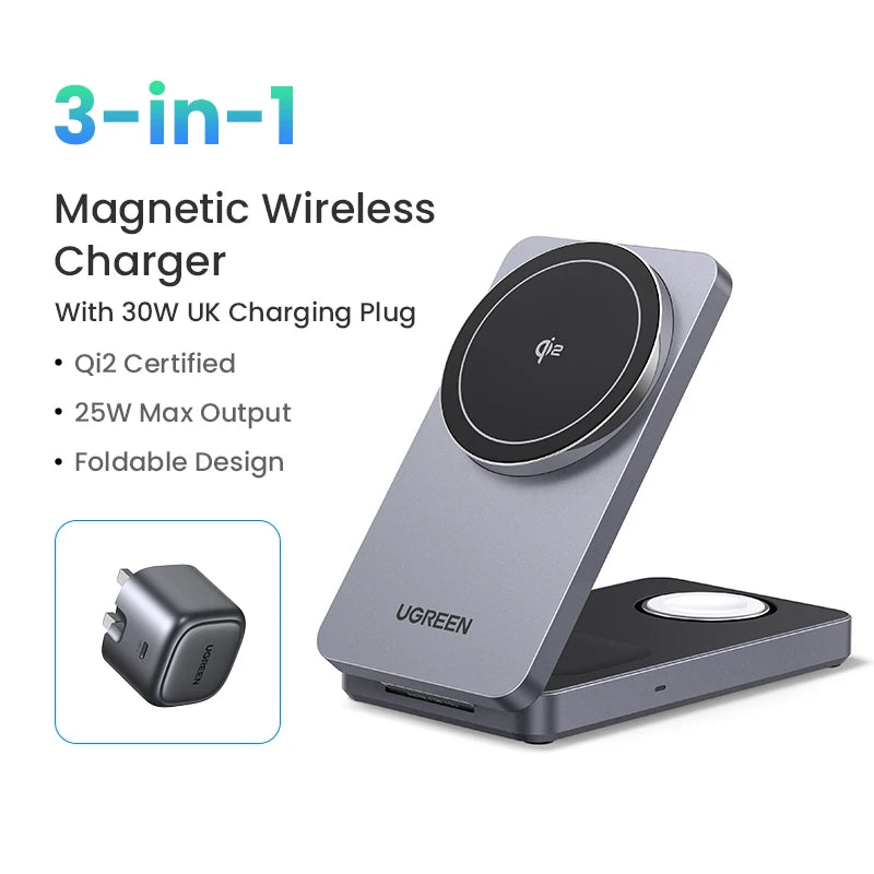 UGREEN 3-In-1 Mfi 15W MAX Magnetic Wireless Charger Stand Qi2 Charging for Iphone 16 Pro Max/Airpods 4 for Magsafe Fast Charger