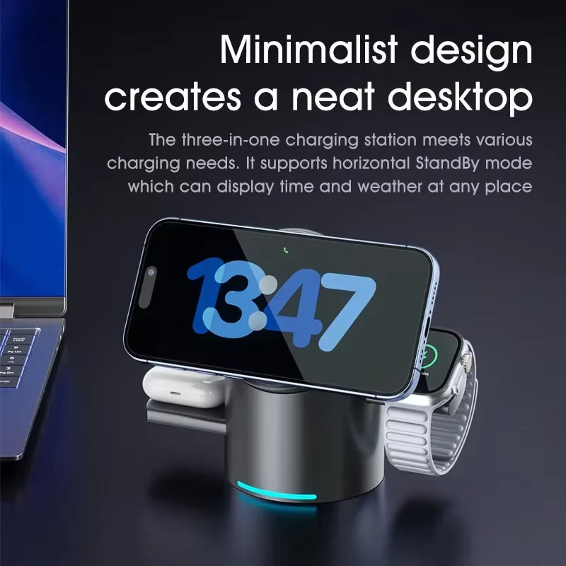 New Truly Qi2 3 in 1 Magsafe Magnetic Touch Button Wireless Charger for Android Iphone Iwatch Airpods Fast Charging Dock Station