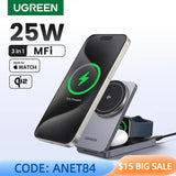 UGREEN 3-In-1 Mfi 15W MAX Magnetic Wireless Charger Stand Qi2 Charging for Iphone 16 Pro Max/Airpods 4 for Magsafe Fast Charger