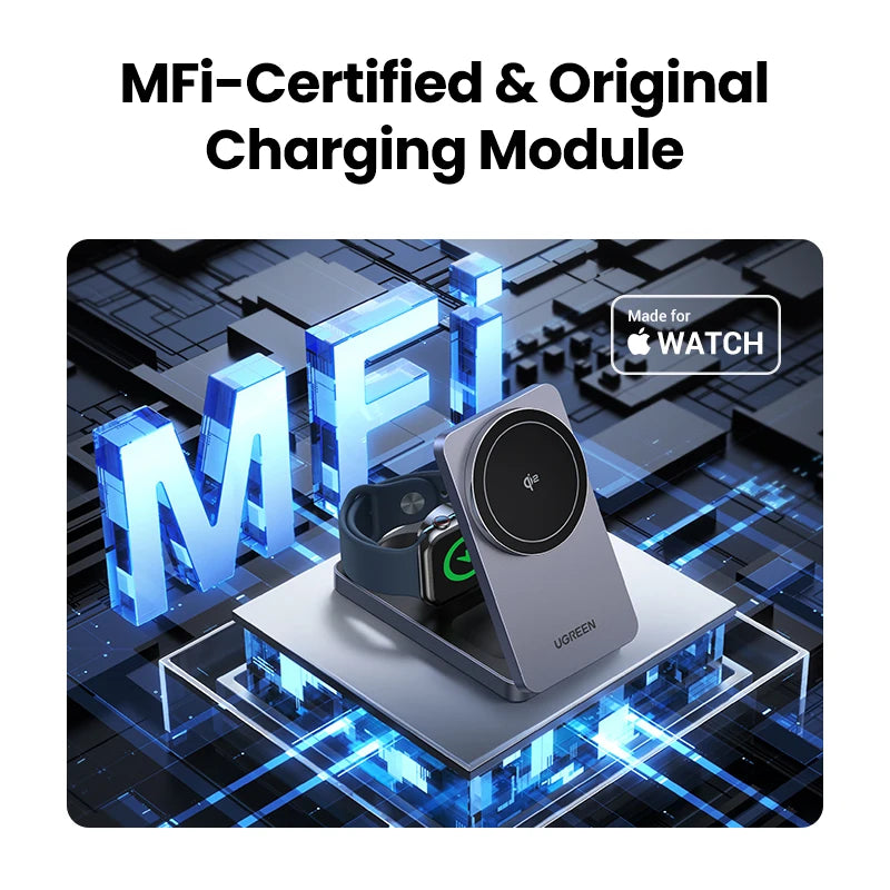 UGREEN 3-In-1 Mfi 15W MAX Magnetic Wireless Charger Stand Qi2 Charging for Iphone 16 Pro Max/Airpods 4 for Magsafe Fast Charger
