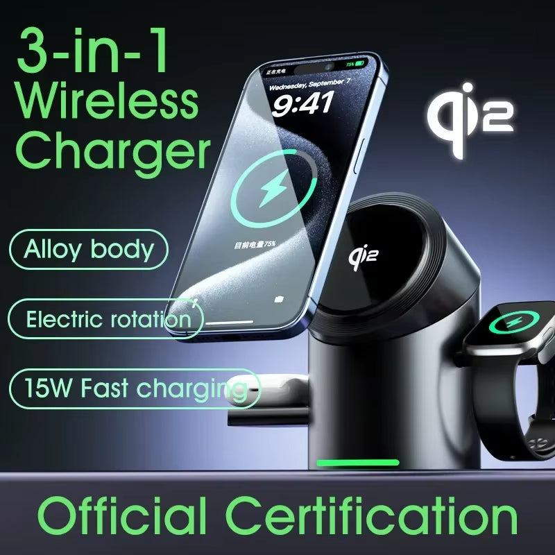 New Truly Qi2 3 in 1 Magsafe Magnetic Touch Button Wireless Charger for Android Iphone Iwatch Airpods Fast Charging Dock Station