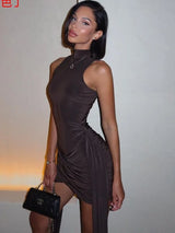 Elegant Sleeveless High Neck Elastic Slim Lace up Dress Women Tight Party Club Evening Dress Elegant Short Dress Vestido