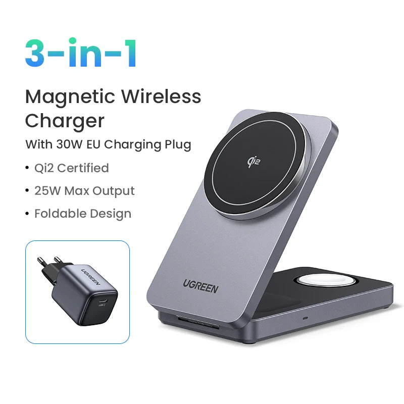 UGREEN 3-In-1 Mfi 15W MAX Magnetic Wireless Charger Stand Qi2 Charging for Iphone 16 Pro Max/Airpods 4 for Magsafe Fast Charger