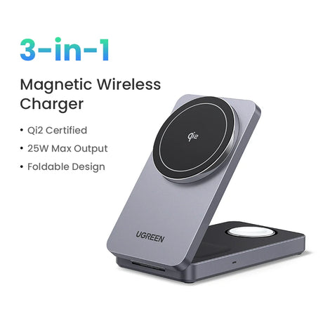 UGREEN 3-In-1 Mfi 15W MAX Magnetic Wireless Charger Stand Qi2 Charging for Iphone 16 Pro Max/Airpods 4 for Magsafe Fast Charger