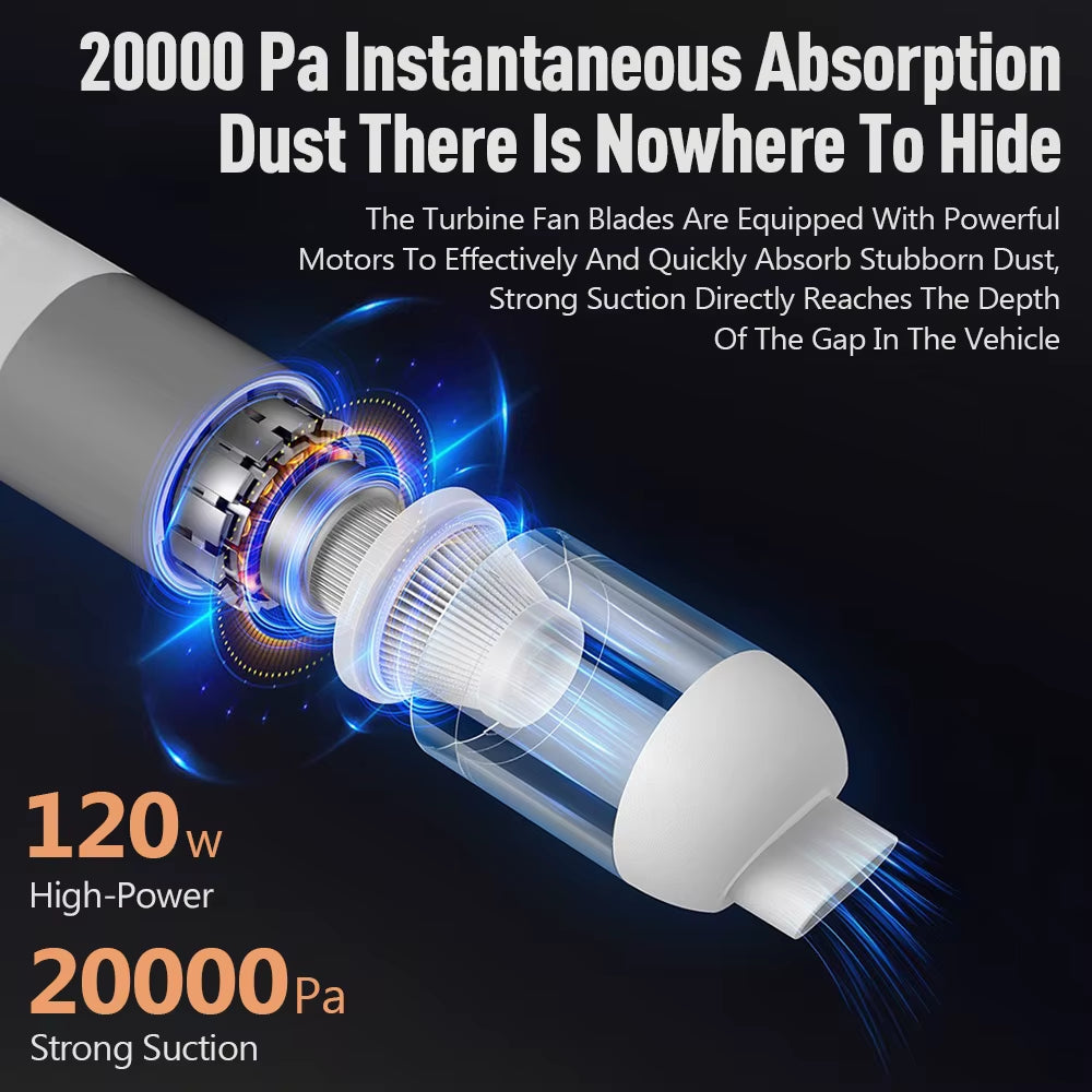 120W Car Vacuum Cleaner Rechargeable Handheld Car USB Type C Wireless Dust Catcher 20000Pa Suction Smart Home Dual-Purpose Clean